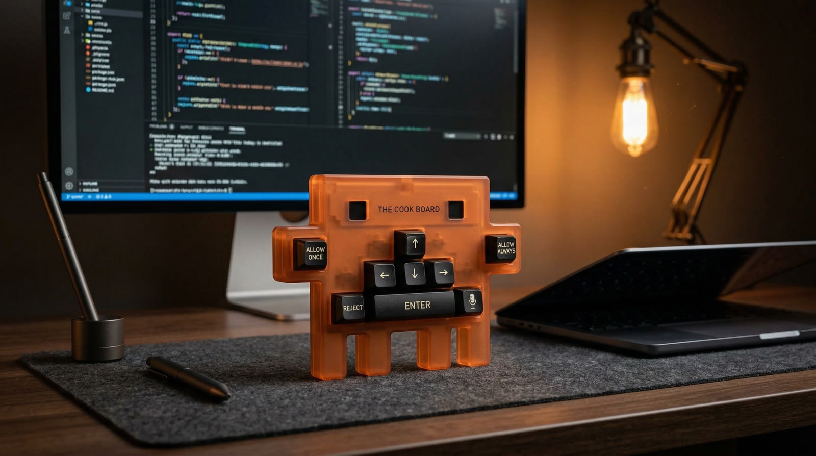 The Cook Board on a developer desk next to a laptop